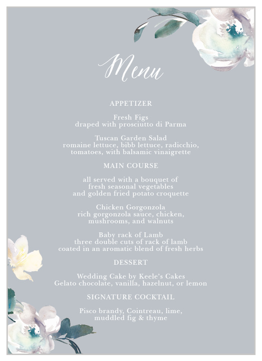 The Antique Blooms Wedding Menus feature vintage, watercolored florals atop a moonstone background.