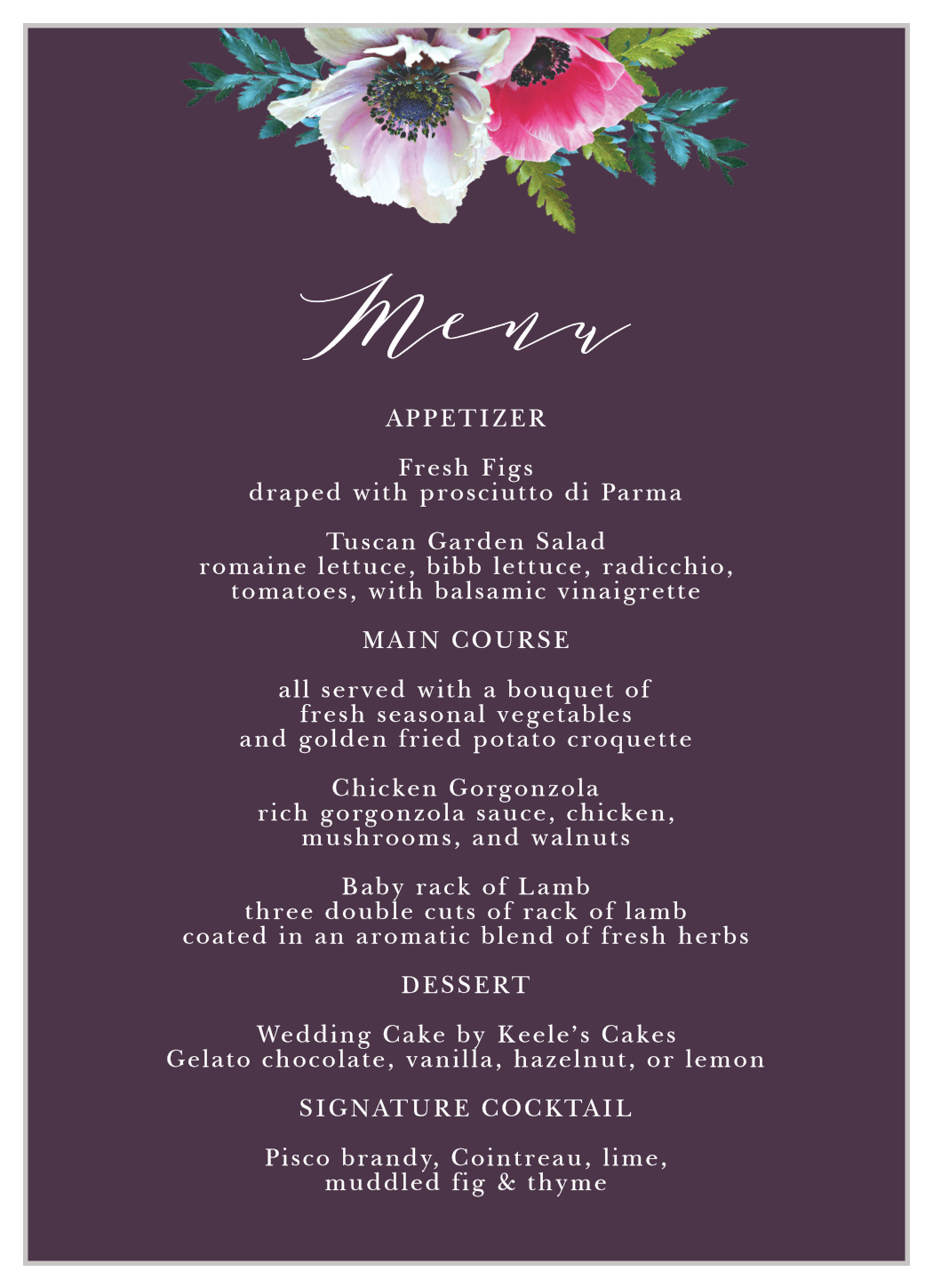 Vibrant Anemone Wedding Menus