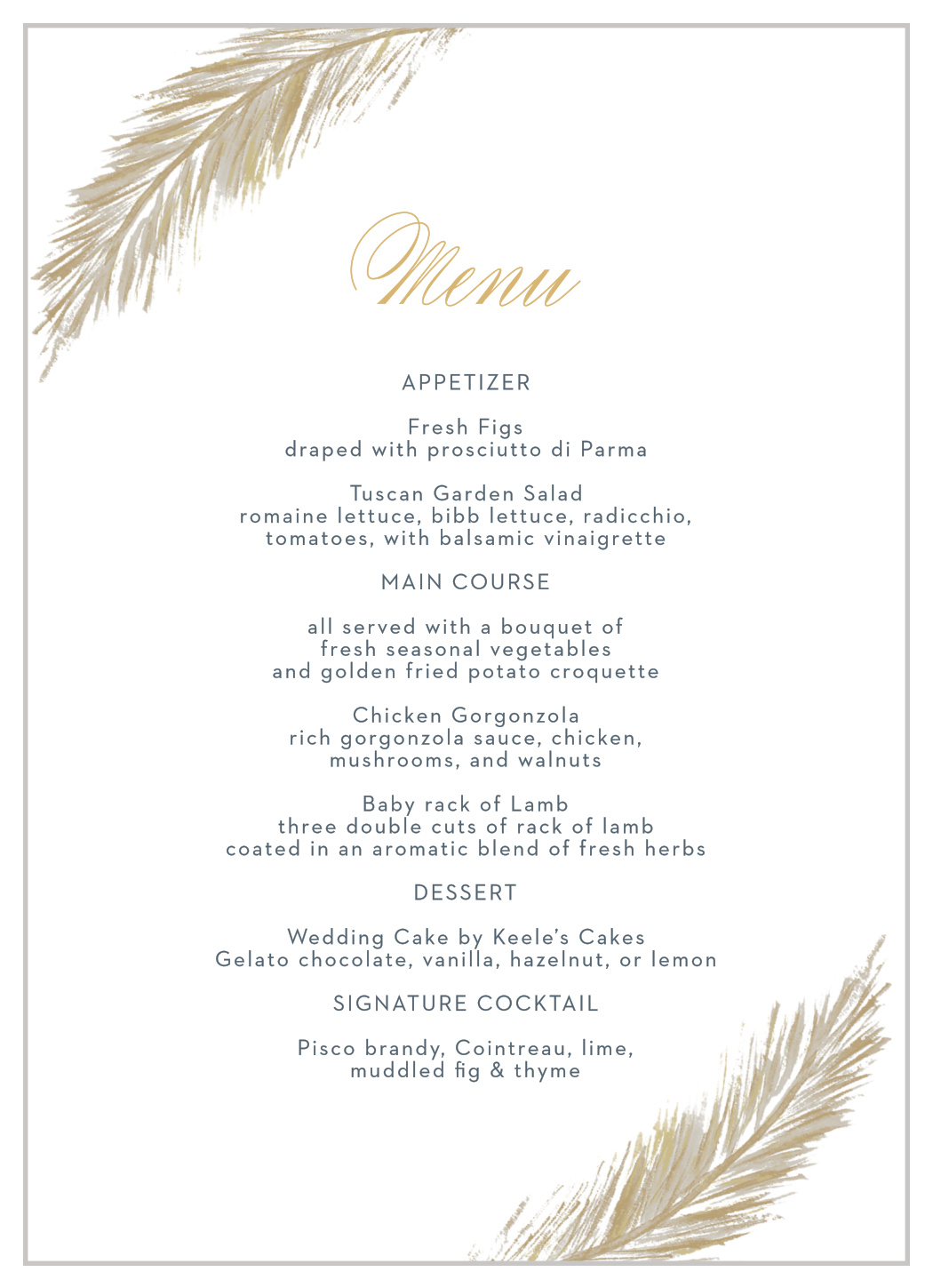 Falling Feathers Foil Wedding Menus