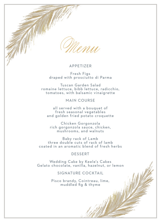 Falling Feathers Foil Wedding Menus