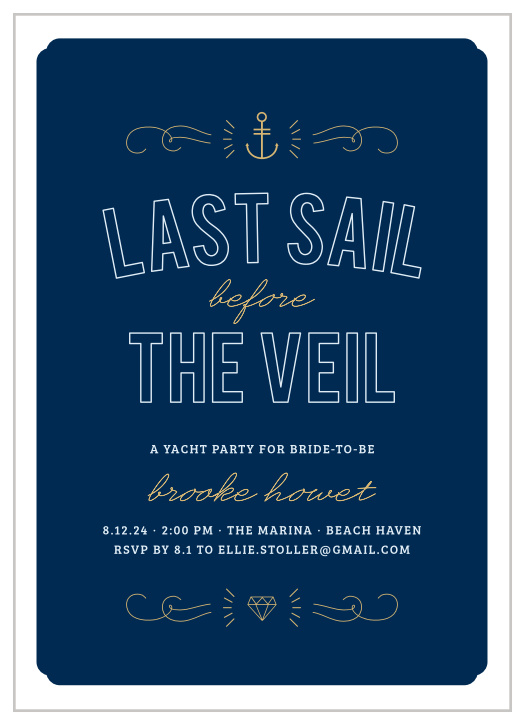 Invite your friends to your yacht party using the Nautical Night Foil Bachelorette Party Invitations.
