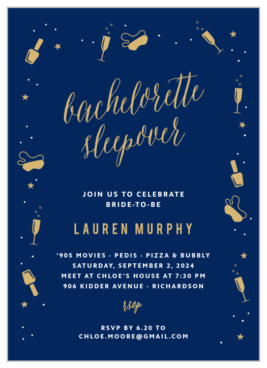 Harken back to the good old days of manicures and girl talk with the Saucy Sleepover Foil Bachelorette Party Invitations.