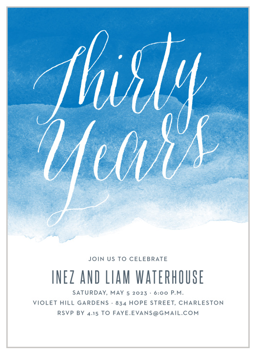 The Painted Devotion Anniversary Invitations are beautifully illustrated with a watercolored background, topped with an elegant calligraphy stating the amount of years to celebrated!