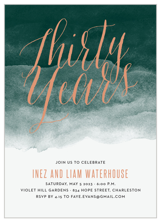 The Painted Devotion Foil Anniversary Invitations are beautifully illustrated with a watercolored background, topped with an elegant calligraphy done up in rose gold foil, stating the amount of years to celebrated! 