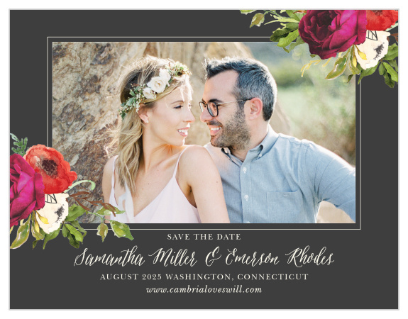 Frame your engagement photo with a vivid mix of life-like burgundy roses combined with impressionistic blooms for the Garden Romance Save-the-Date Cards.