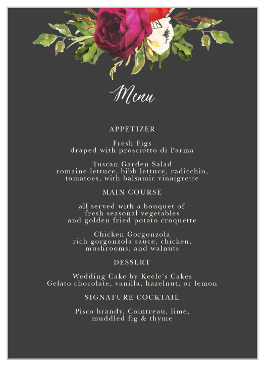 The Garden Romance Wedding Menus feature a vivid mix of life-like burgundy roses combined with impressionistic blooms and cream calligraphy detailing your menu items.