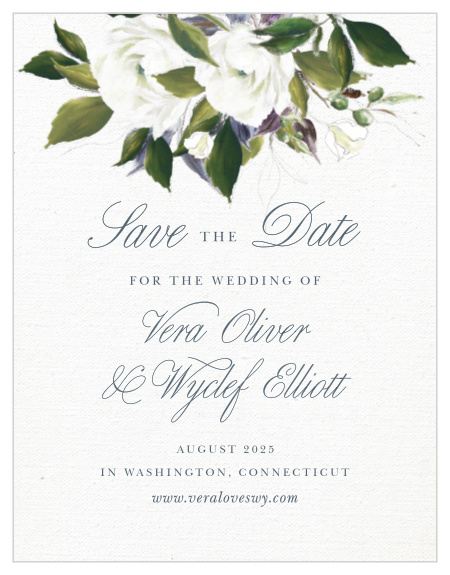 The Elegant Aristocrat Save-the-Date Magnets feature a gorgeous display of vintage painted blooms atop a textured canvas background. 