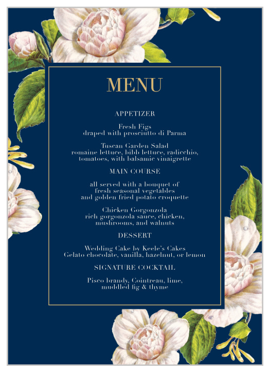 Take a stroll through a garden lit by moonlight with the Moonlit Honeysuckle Foil Wedding Menus. 