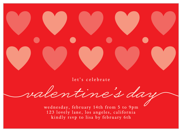 Multicolored hearts and decorative dots dance across the Dots & Hearts Valentine's Day Party Invitation, along with a flowing elegant script and the details for your special V-Day bash!
