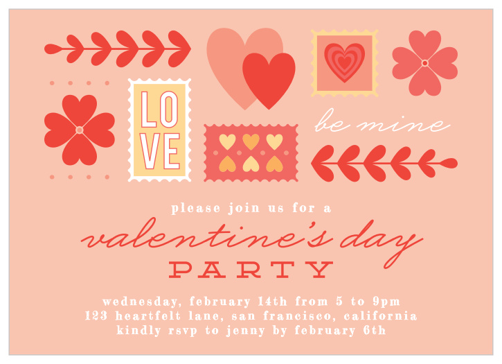 Our Iconic Stamped Valentine's Day Party Invitation focus on the classic colors of the day: soft yellows, light pinks, and vibrant reds.