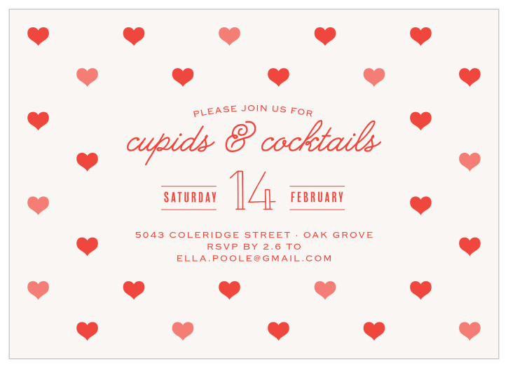 Little red hearts decorate the Tiny Hearts Valentine's Day Party Invitation, along with a curly script and a traditional outlined type. 