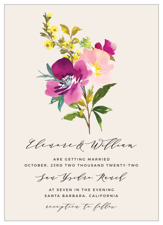 Featuring a lovely bouquet of flowers in a watercolor style and a duo of elegant, vintage typefaces, our Mallow Wedding Invitations are perfect for surrounding yourself with loved ones on your wedding day.