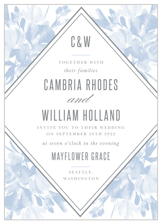The Subtle Fleuriste Wedding Invitations have a bordered, diamond shaped background overlaying soft blue, washed out blooms.