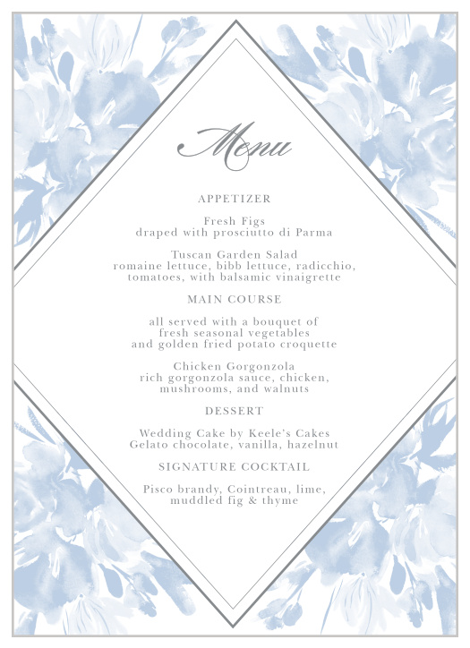The Subtle Fleuriste Wedding Menus have a bordered, diamond shaped background overlaying soft blue, washed out blooms. 