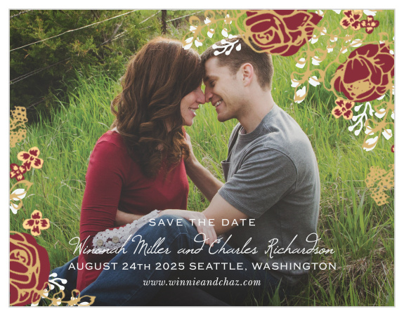 Vibrant rose arrangements decorate the edges of your engagement photo for the Opulent Floweret Foil Save the Date Cards.