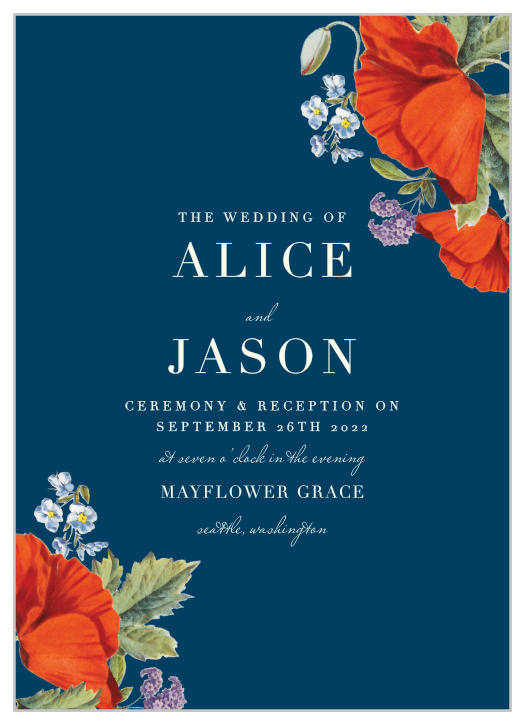 On a deep blue background, resplendent with elegant typefaces and bright red blossoms in opposing corners, our Heliotrope Blooms Wedding Invitations are a stunning snapshot of your wedding day.