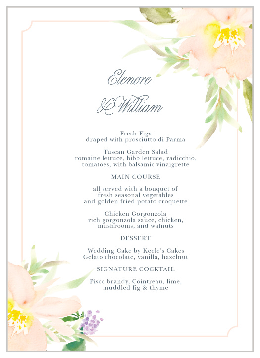 Let your guest know what they can eat at your wedding using the Melodious Melanie Wedding Menus.