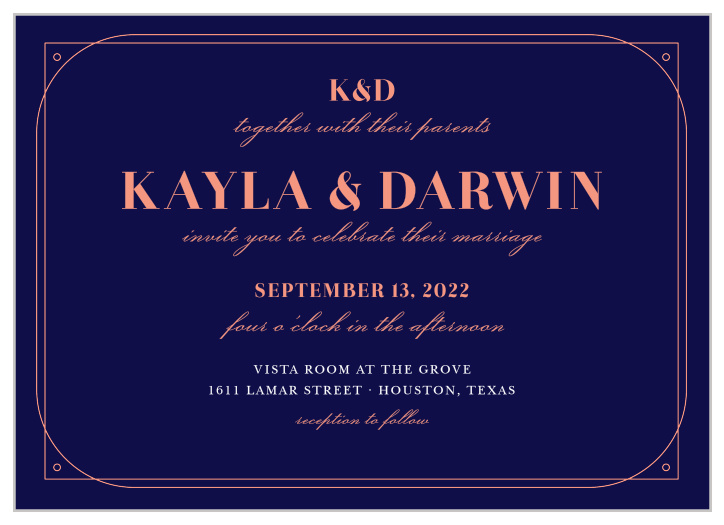 ​For the couple who are as fun as they are elegant-- our Royal and Rose Wedding Invitations reflect this with a double geometric border, a sophisticated mix of fonts, and a breathtaking color contrast. 