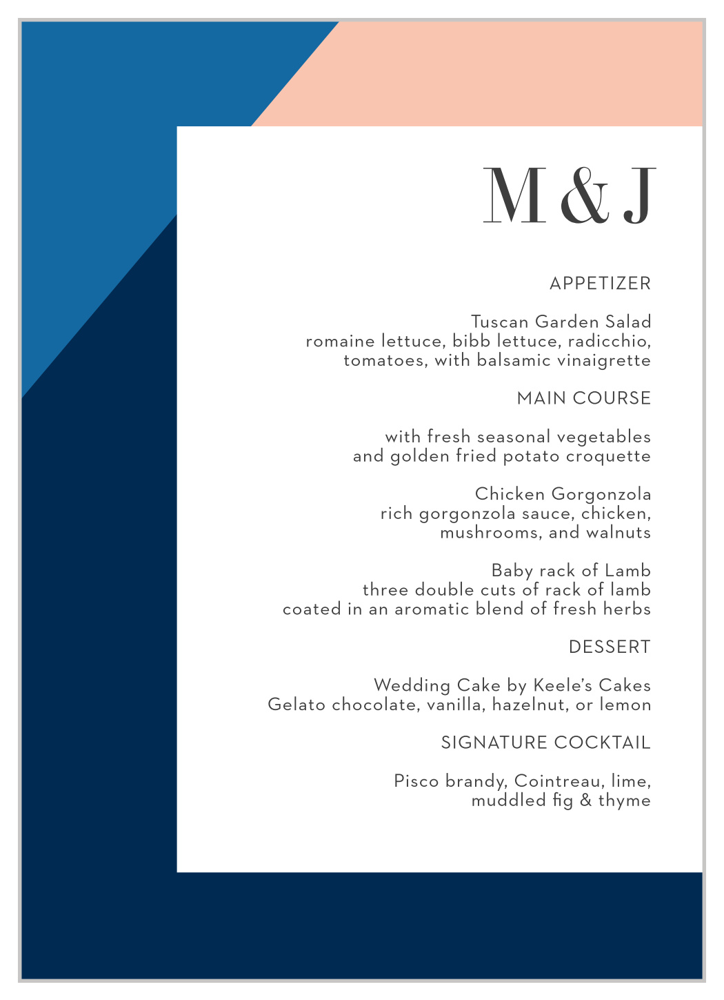 Angular Color Wedding Menus