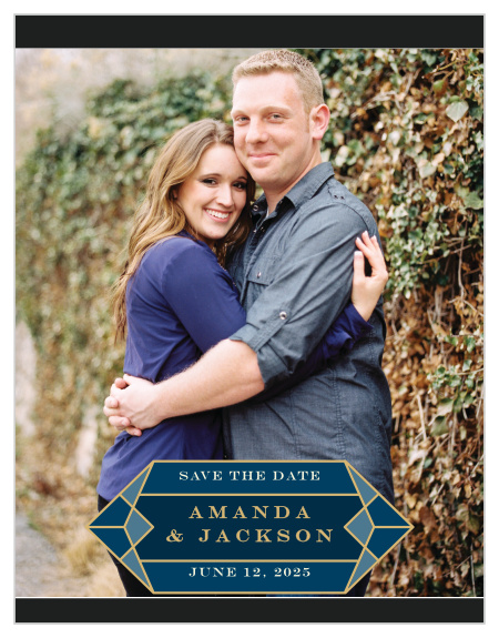 Our Gem Prism Save-the-Date Cards strive to keep the focus on the two of you as a happy couple: your favorite engagement photo serves as the background for the card, while a resplendent gemstone decorates the bottom of the card and contains all of your wedding details for your guests.
