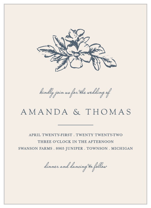 Our Soft Morning Wedding Invitations are designed to be the ideal first look at your wedding; they are stunningly simple, featuring only two colors- classic blue designs and text, and a deep cream background- so that their recipients' focus remains ever on your names and the details of your wedding.