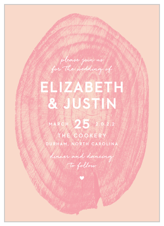 Our Wooden Love Wedding Invitations feature an intricate and semi-transparent, pomegranate colored wooden stump atop a ballet colored background.