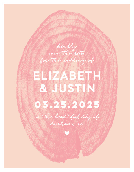 Our Wooden Love Save-the-Date Magnets feature an intricate and semi-transparent, pomegranate colored wooden stump atop a ballet colored background.