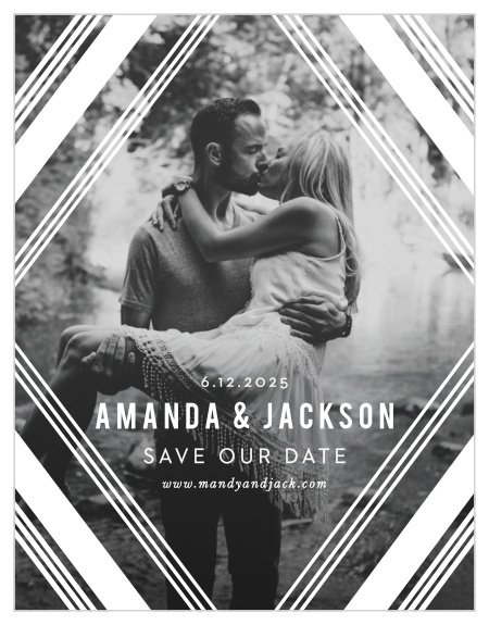Our Diamond Reflections Save the Date Magnets feature a bold and vintage frame of diamonds overlaying your engagement photo.
