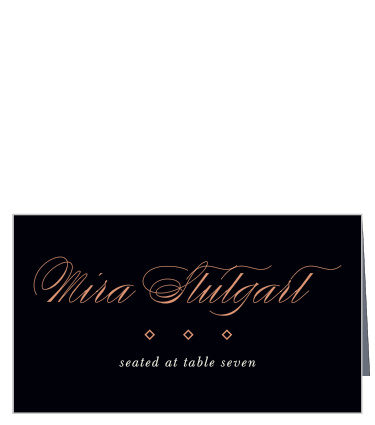 Help your guests find their seats with the shining beacons that are our Diamond Debauchery Place Cards. Elegant foil spells out each guest's name in bright calligraphy, with the table number written just below in a classic white print.
