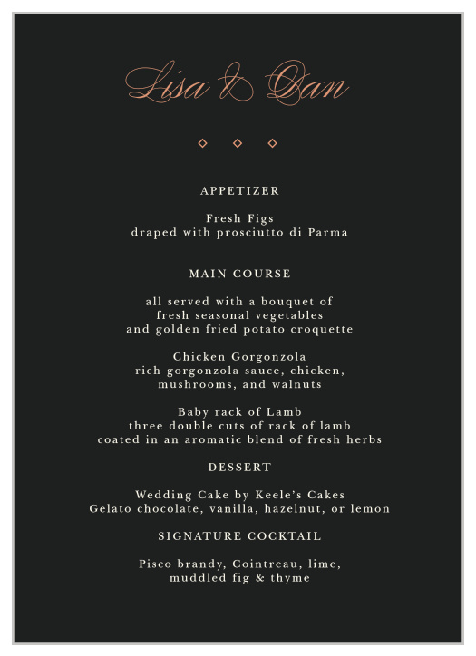 Diamond Debauchery Wedding Menus