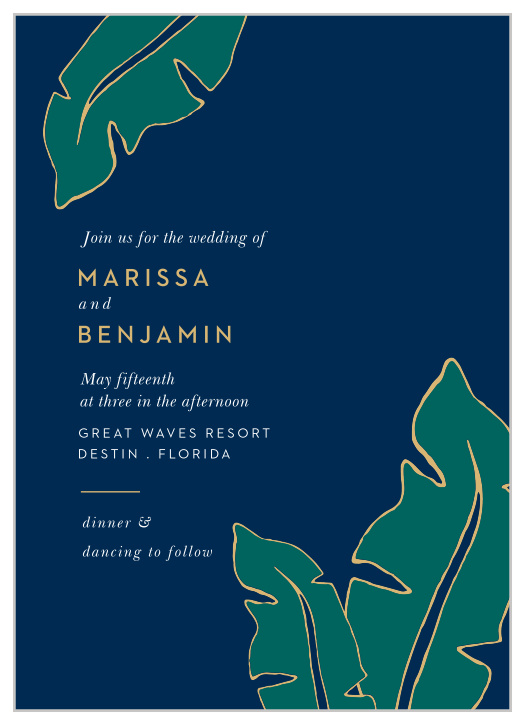 Let the Green Breeze Wedding Invitations take you to the tropics with illustrated palm fronds cascading across the front of the design