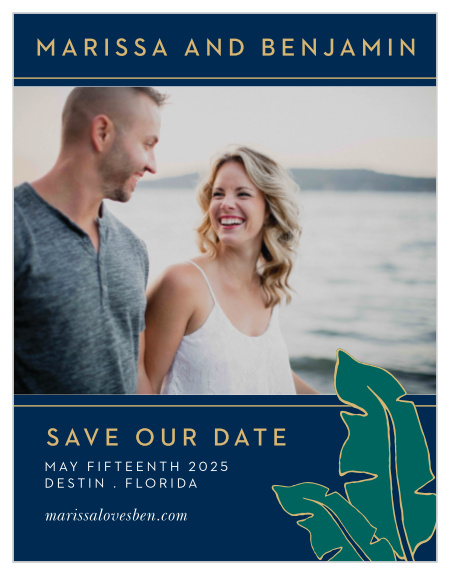 The Green Breeze Save the Date Magnets will whisk your guests away to the tropics with its clean typography and cascading, illustrated palm fronds.