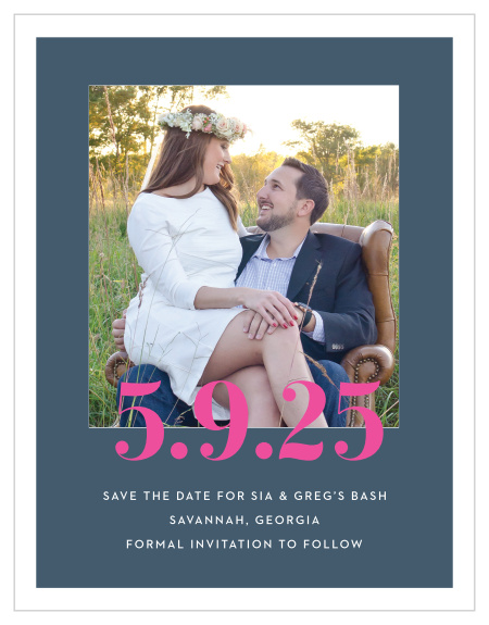 Bright, vibrant pink titles our It's On Save-the-Date Magnets just over a photo of your choice, creating a look that is at once endlessly elegant and breathtakingly modern. The details of your day are written just below in a subtle serif, ensuring that this magnet is as easy-to-read for your guests as it is easy-to-love.