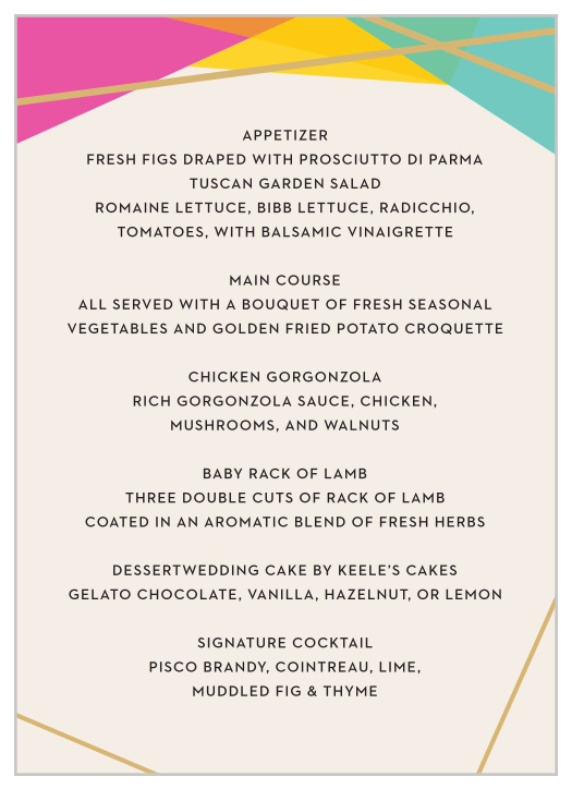 Our Brilliant Gem Wedding Menus feature brightly colored facets that are outlined by our raised gold foil. 
