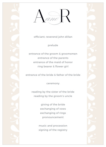 Frosted Leaves Wedding Programs walk your guests through each moment and member of your wedding ceremony as you take each step down the aisle. Beautiful botanical designs stretch outward from the center of the page, leaving plenty of space for the details of the day and your initials in larger-than-life black print, joined together by a swirling calligraphy for a touch of elegance.