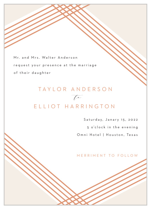 Our Contemporary Glamour Wedding Invitations overlap and intersect in elegant style, just as your guests will on your wedding day. A quartet of desert-red lines creates a gorgeous frame for your invitational text, written in a brilliantly clear type. With your details in an easy to read font and encircled by an easy to love design, these cards are precisely what you need for the day you want.