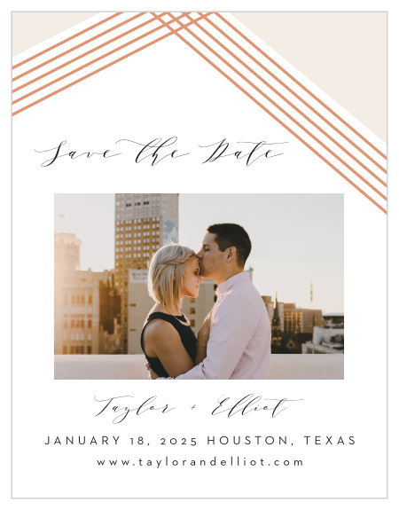Give your guests the info they need well in advance with our stunningly Contemporary Glamour Save-the-Date Cards. Your details are written out in a combination of swirling calligraphy and elegant print, complemented by your choice of photo and a shining rooftop of rose-gold foil- making this card as easy to love as it is easy to read.