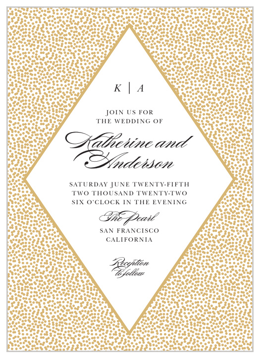 Our Pebble Beach Wedding Invitations feature a diamond that contains your wedding details, framed by a pattern of gold foiled pebbles. 