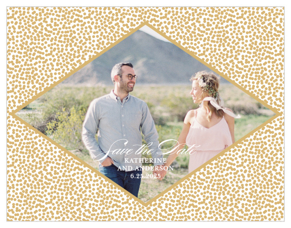 Our Pebble Beach Save-the-Date Cards feature a diamond that contains your engagement photo and wedding details, framed by a pattern of gold foiled pebbles. 