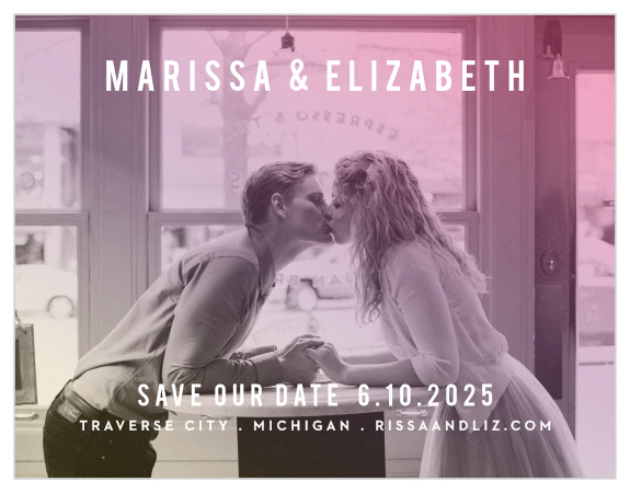 For a visually pleasing magnet befitting your wedding theme, look no further than our Rainbow Ombre Save-the-Date Magnets!