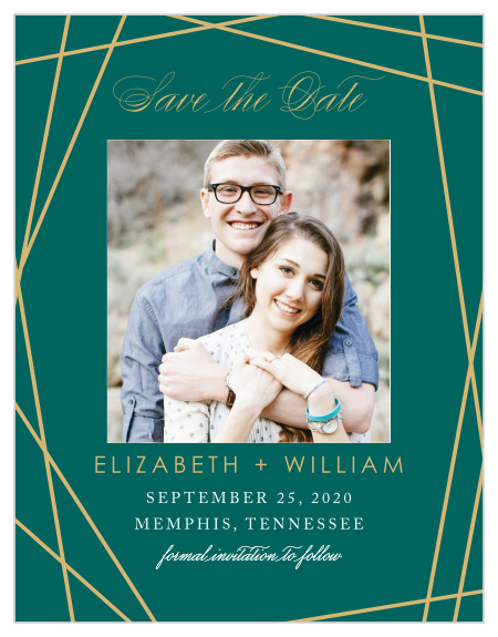 Our Emerald Facets Save-the-Date Magnets feature a series of edgy green gem faces that are outlined by raised gold foil.