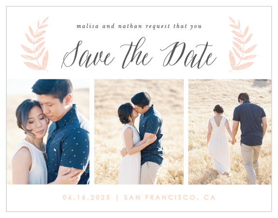 Our Wedding Wreath Wedding Save-the-Date Cards feature a bright white background with lovely french grey and ballet pink typography in the center.