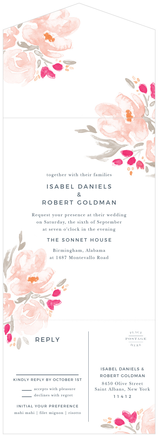 Watercolor painting and beautiful flowers meet in the fantastic Watercolor Bouquet Seal & Send Wedding Invitations.