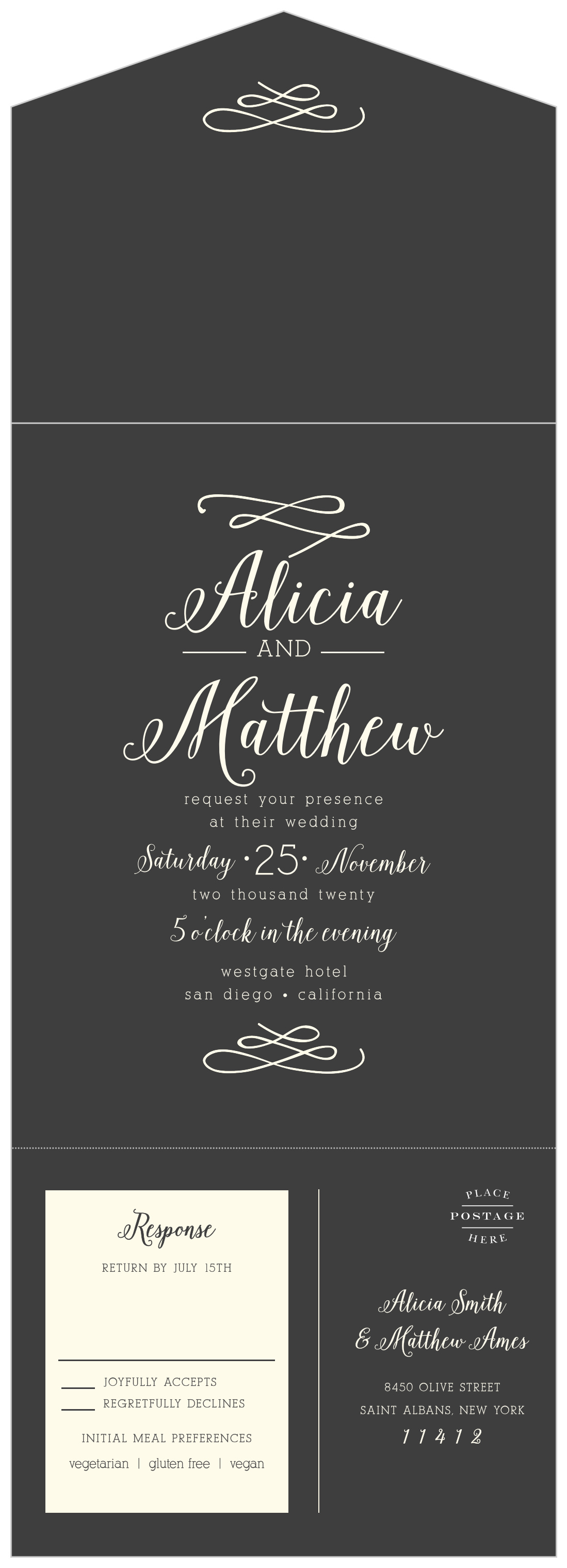 Whimsical Calligraphy Seal & Send Wedding Invitations