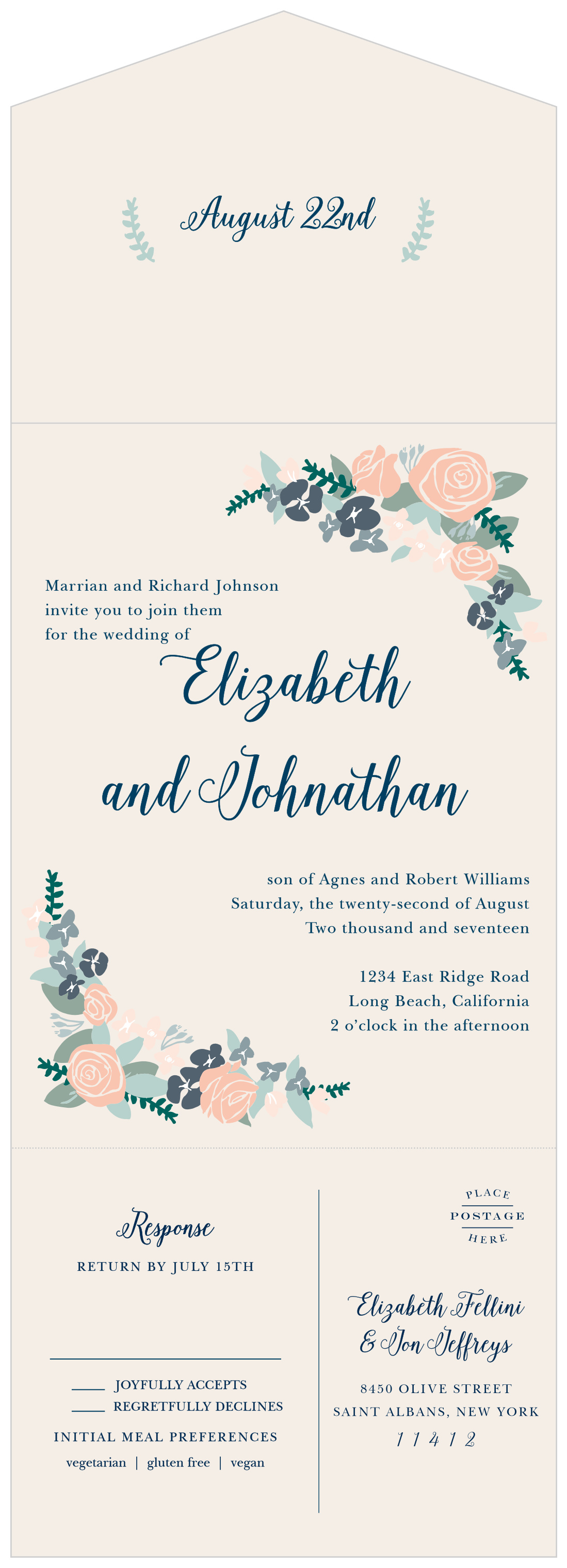 Illustrated Corner Wreath Seal & Send Wedding Invitations