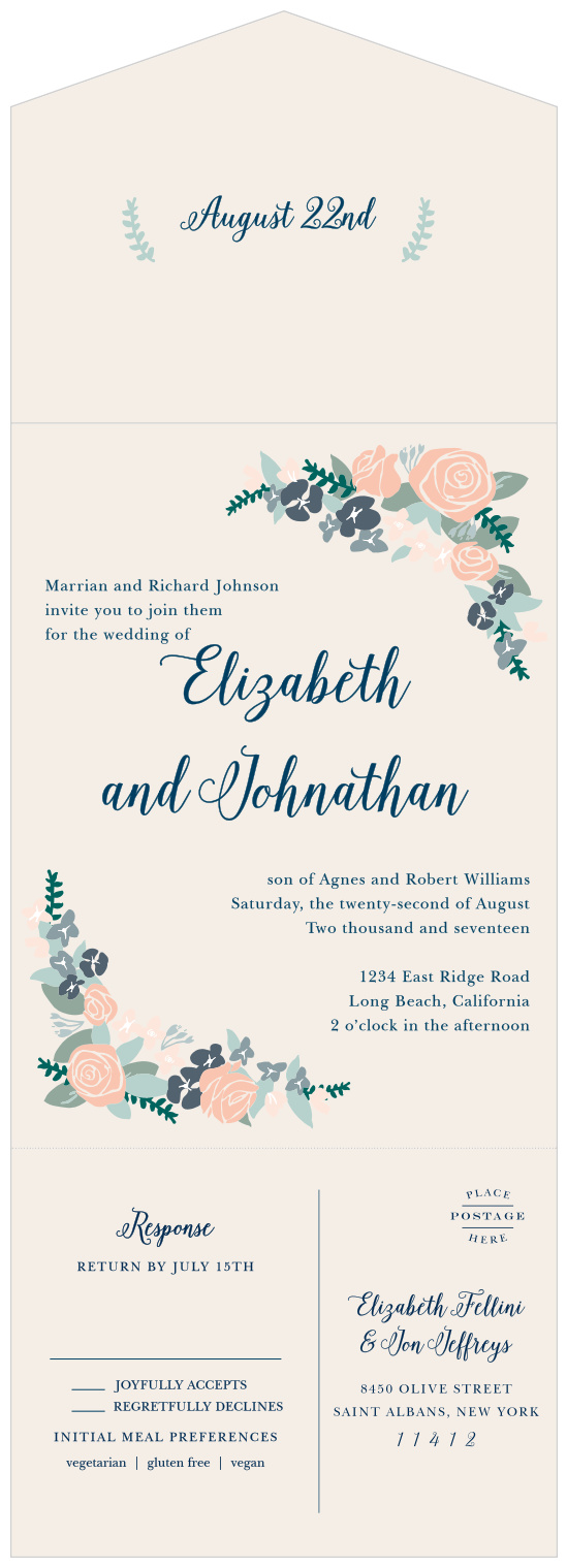 Adorned with elegant rose arrangements and gorgeous bold, rich navy calligraphy, the Illustrated Corner Wreath Seal & Send Wedding Invitations have everything you need in one card!