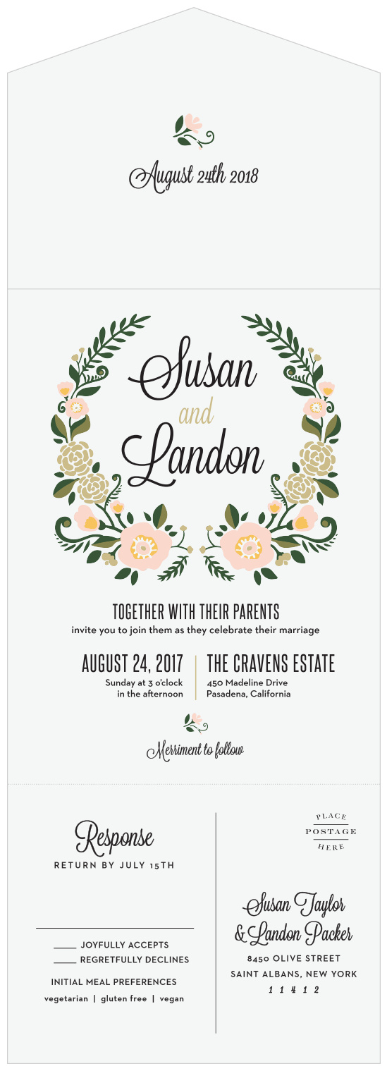 A romantic illustrated wreath wraps around your names done up in a lovely, swirled script in our Laurel Crown Seal & Send Wedding Invitations. 