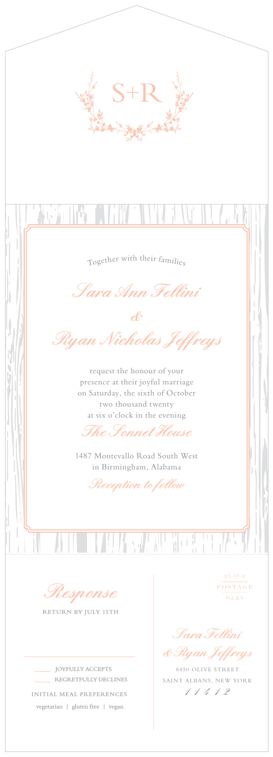 Our Rustic Wreath Seal & Send Wedding Invitations are decorated with an assortment of subtle scripts, classic prints, dolphin grays, and soft hues of pink.