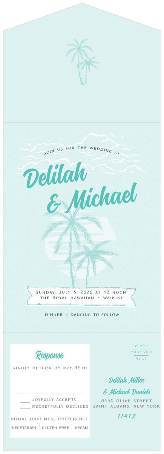 Illustrations of palm trees in front of a large, hazy, setting sun sets the scene of our Modern Beachside Seal & Send Wedding Invitations! 