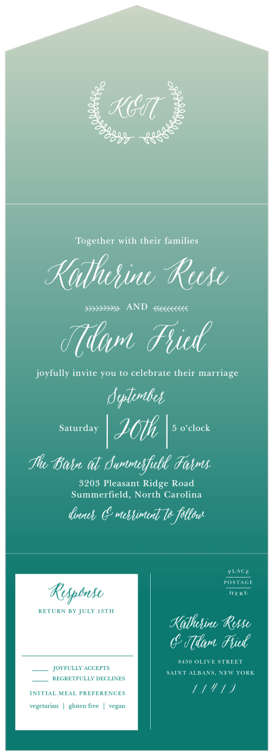 A gorgeous watercolor gradient guides your guests through the details of your wedding on our Rustic Ombre Seal & Send Wedding Invitations.